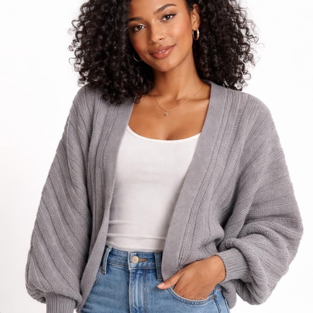 Women’s Gray Cable Knit Cardigan with Dolman Sleeve Size XS